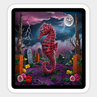 AI generated red striped seahorse in graveyard Sticker